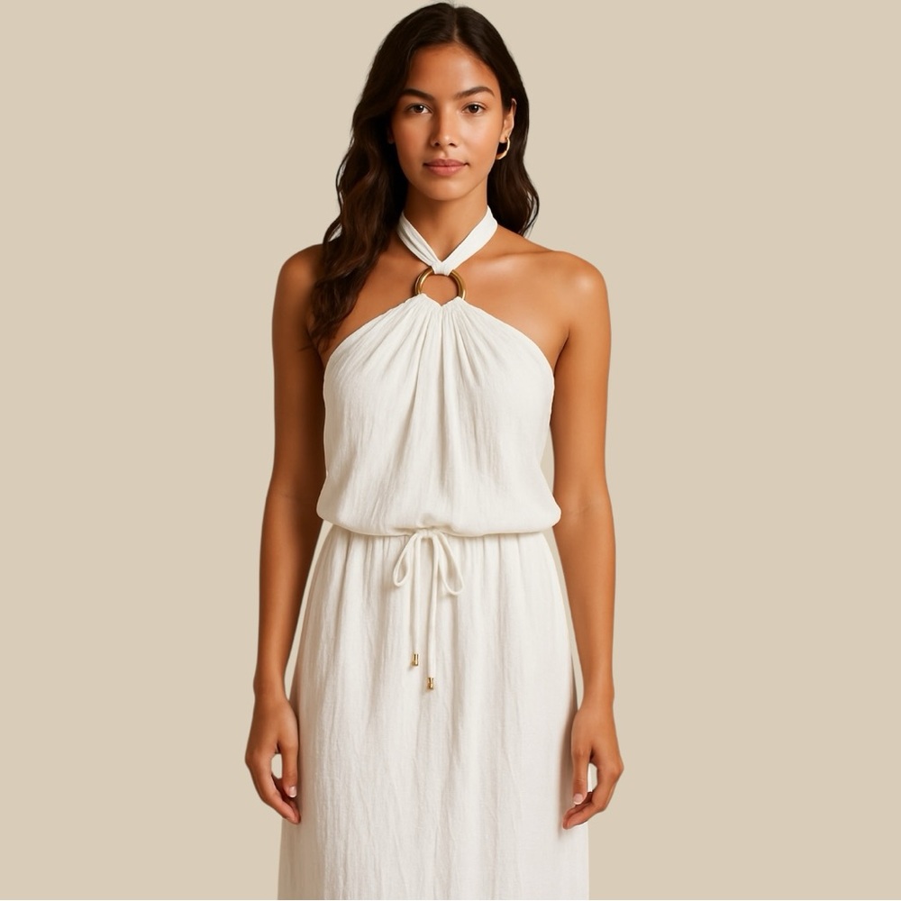 Dalai Halter Neck White Boho Cotton Cover up Maxi Dress size Medium.